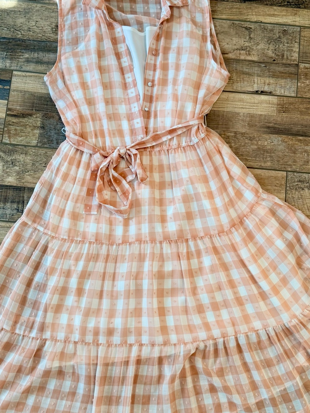 Nanette Lepore - Gingham Dobby Tiered Dress - 10 - Peach/White